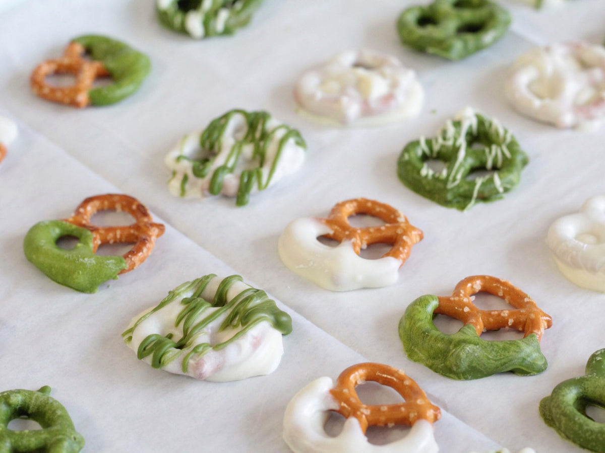 Matcha white chocolate covered pretzels