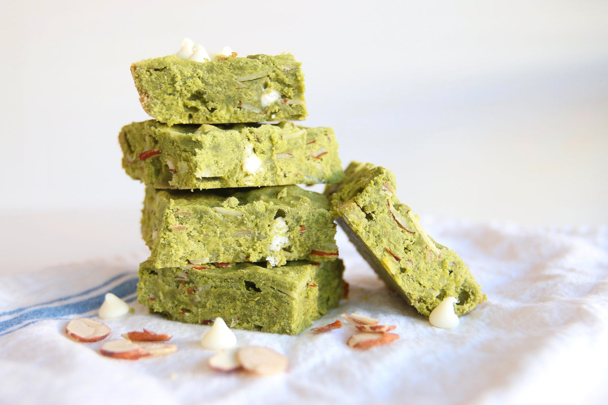 Matcha white chocolate almond blondie bars
