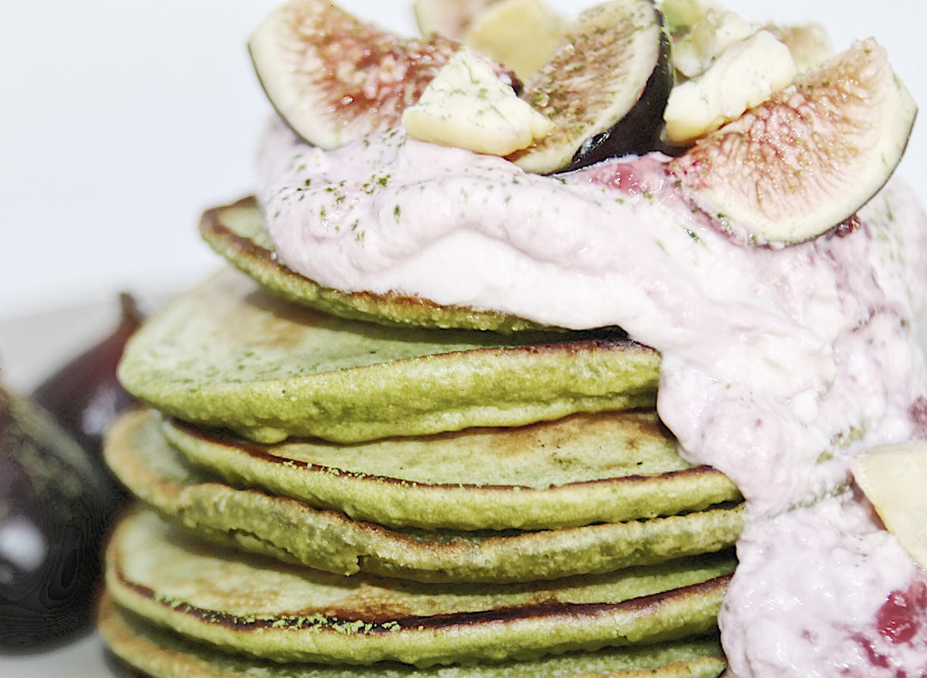 Vegan Coconut Matcha Pancakes topped with Homemade Blueberry Coconut Yogurt, Figs + Chestnuts